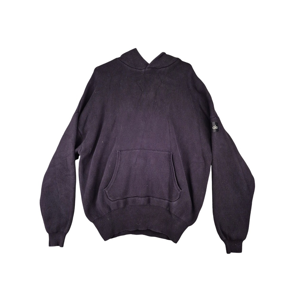 Alo Yoga Mens Navy Blue Ribbed Knit Pullover Hoodie Logo Kangaroo Pocket Sz XS